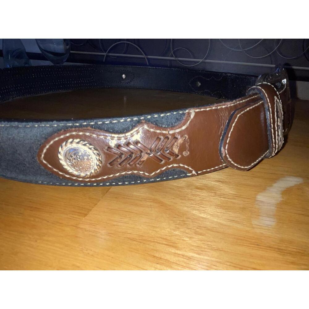 Nocona Belt Co Size 38 Genuine Leather Silver Buckle Southwestern Concho Brown - Picture 6 of 7